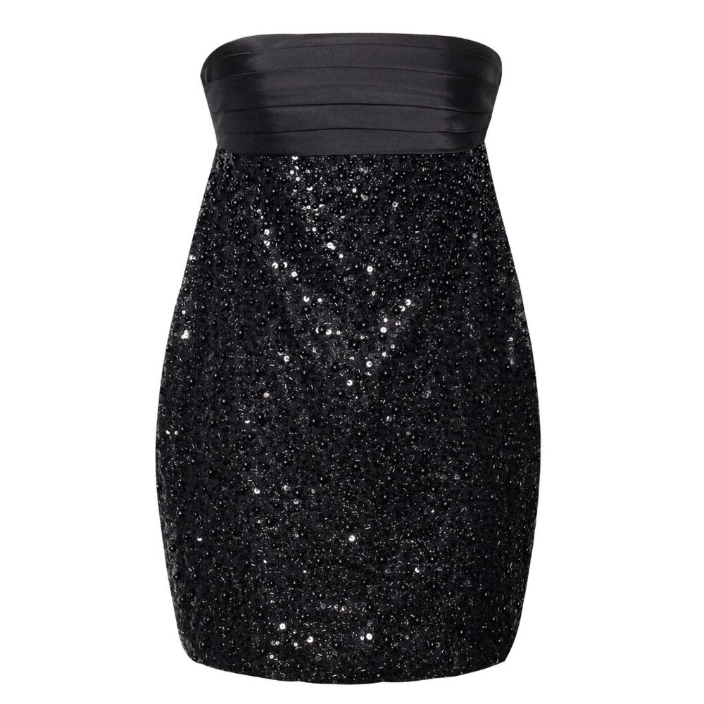 Felina Black Satin Sequin Pearls Beaded Mini Dress